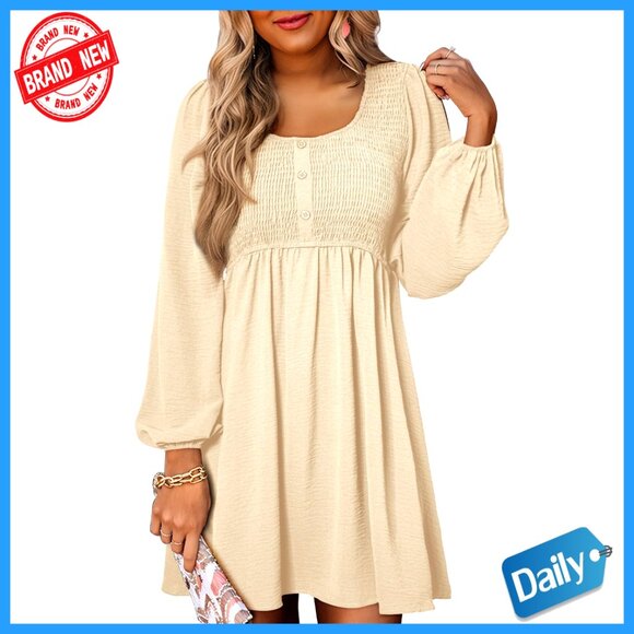Smocked Empire Waist Mini Dress Long Sleeve Button Up Casual Chic Elegant Smocked Empire Waist Mini Dress Long Sleeve Button Up Casual Chic Elegant